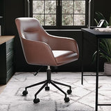 Martha Stewart Rayna Swivel Task Chair with Flared Arms for Home Office in Saddle Brown Faux Leather with Oil Rubbed Bronze Frame Martha Stewart