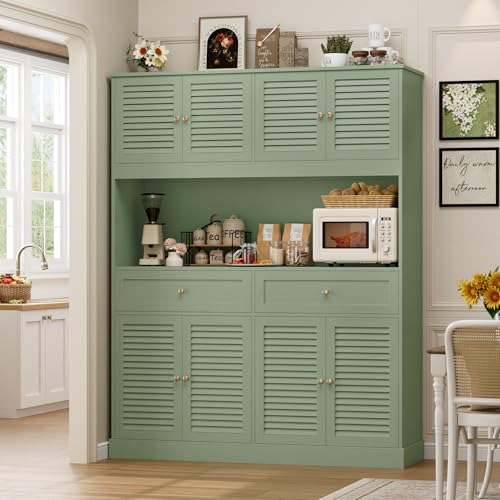 HIFIT 71" Hx55''W Large Kitchen Hutch Storage Cabinet, Farmhouse Coffee Bar Hutch with Microwave Stand, Tall Kitchen Pantry Cabinet with Louvered Doors, 2 Cable Holes, 2 Drawers, Green HIFIT
