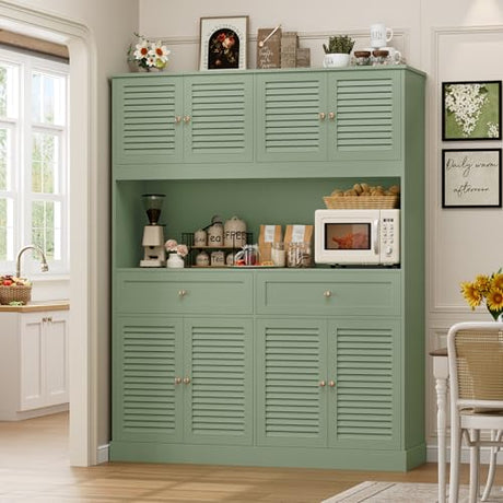 HIFIT 71" Hx55''W Large Kitchen Hutch Storage Cabinet, Farmhouse Coffee Bar Hutch with Microwave Stand, Tall Kitchen Pantry Cabinet with Louvered Doors, 2 Cable Holes, 2 Drawers, Green HIFIT