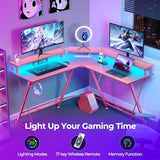 SEVEN WARRIOR Gaming Desk 50.4” with LED Light & Power Outlets, L-Shaped Gaming Desk Carbon Fiber Surface with Monitor Stand, Ergonomic Gamer Table with Headphone Hook, Pink SEVEN WARRIOR
