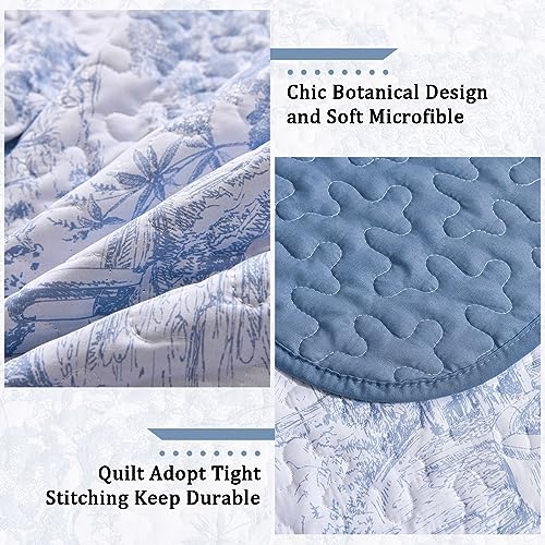 WONGS BEDDING Blue Quilt Set King Size, 3 Pieces Botanical Bedspreads Set Lightweight Microfiber Blue Toile Plants Pattern Coverlet Home Decor for All Seasons(104"×90") WONGS BEDDING