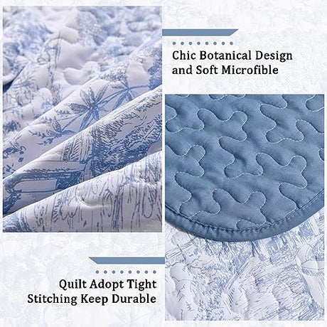 WONGS BEDDING Blue Quilt Set Queen Size, 3 Pieces Botanical Bedspreads Set Lightweight Microfiber Blue Toile Plants Pattern Coverlet Home Decor for All Seasons(96"×90") WONGS BEDDING