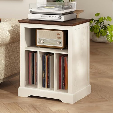 RowyPoey Farmhouse Record Player Stand, 3 Tier End Table, Turntable Stand with Vinyl Record Storage, Wood Record Holder Cabinet Dispaly Shelf for Living Room,Bedroom,Office,Antique White RowyPoey