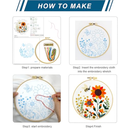 Zhenqing Bees & Flowers Embroidery Kit 11.4x11.4cm - 4-Piece Complete Cross Stitch Set with Pre-Printed Fabric, Threads, Hoop, Needles & Instructions | DIY Craft for Adults, Beginners-Friendly (C0046)