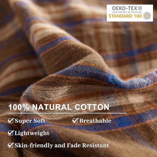EAVD Vintage Style Brown&Blue Plaid Duvet Cover Full Soft 100% Muslin Cotton Brown Green Blue Grid Checkered Plaid Bedding Set with 2 Pillowcases Reversible Gingham Duvet Cover with Zipper EAVD