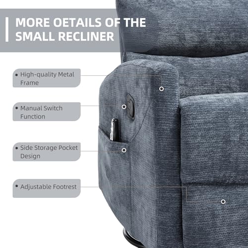 PELUMY 360° Swivel Rocker Recliner with Heat & Vibration Massage, Glider Rocking Chair for Adults, Compact Recliner for Living Room, Small Spaces, Nursery, Bedroom (Chenille, Blue)