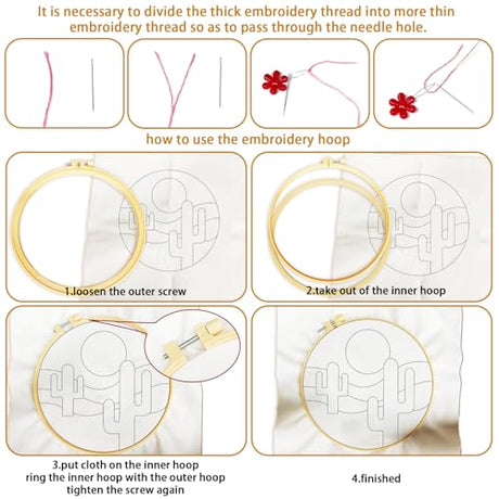 BEUNITONE Bohemian Embroidery Kit for Beginners, 6-Piece Stamped Needlepoint Craft Kits with Landscape, Sun, Moon, Leaves, Vase Designs, Complete DIY Handmade Embroidery Set for Relaxing Creative Fun BEUNITONE