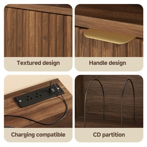 knoworld Large Round Record Player Stand with Vinyl Record Storage & Charging Station, Modern Turntable Cabinet with Power Outlet and USB Ports for Living Room and Bedroom (Walnut) knoworld