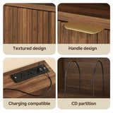 knoworld Large Round Record Player Stand with Vinyl Record Storage & Charging Station, Modern Turntable Cabinet with Power Outlet and USB Ports for Living Room and Bedroom (Walnut) knoworld
