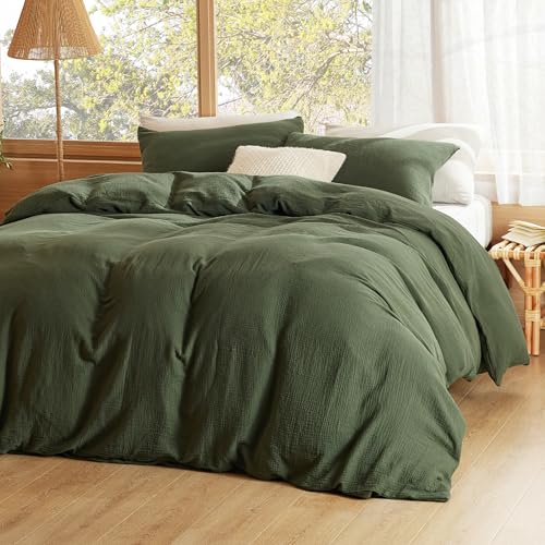 Bedsure 100% Muslin Cotton Duvet Cover King Size - Ultra-Soft, Breathable & Lightweight - Linen Like Gauze Comforter Cover Set with Button Closure and Corner Ties (Olive Green, King, 104"x90") Bedsure