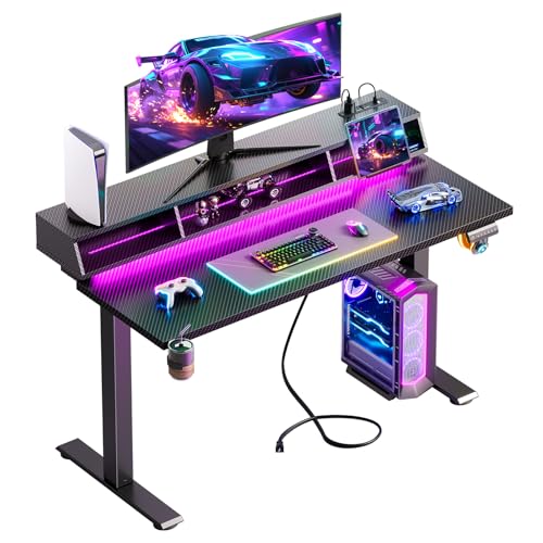 OffiGo Gaming Standing Desk with LED Light, 48 Inch Electric Height Adjustable Table with Power Outlet & Floating Monitor Stand, Sit Stand Computer Workstation for Home, Bedroom, Black OffiGo