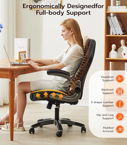 Office Desk Chair, Ergonomic Computer Chair with Padded Flip-Up Arms and Adjustable Lumbar Support, PU Leather Executive Chair with Tilt Lock and 360° Swivel Rolling Wheels for Work, Study Ylzyxal