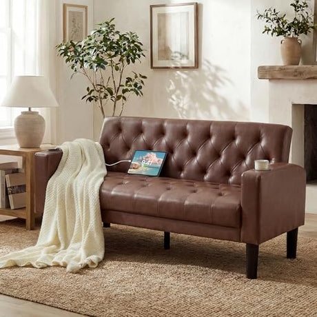 TYBOATLE 62" W Brown Leather Loveseat w/ 2 USB and 2 Cupholders, Mid-Century Modern Tufted Small Love Seat Couches for Office, Living Room, Bedroom, Dorm (1, Brown) TYBOATLE