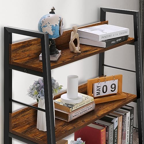 BATHWA 5-Tier Industrial Rustic Ladder Bookshelf - Open Wood and Metal Accent Bookcase - WoodArtSupply