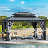 YITAHOME 12x16ft Hardtop Gazebo with Nettings and Curtains, Heavy Duty Double Roof Galvanized Steel Outdoor Combined of Vertical Stripes Roof for Patio, Backyard, Deck, Lawns, Gray YITAHOME