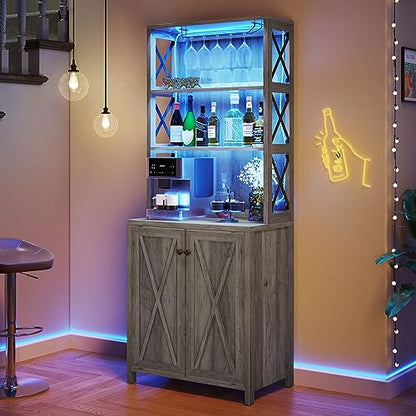 YITAHOME Bar Cabinets for Liquor, 67" Tall Wine Bar Cabinet with LED Lights, Glass Holder ＆ Adjustable Shelves, Rustic Kitchen Cabinet Coffee Bar for Kitchen, Dining Room, Rustic Grey Wash - WoodArtSupply