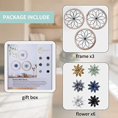 Paquesta 3 Piece Round Farmhouse Wall Decor with 6 Piece Interchangeable Flowers 12'' Medallion Wood & Metal Rustic Wall Art for Living Room Bedroom Kitchen Bathroom Dining Room Home Decorations Paquesta
