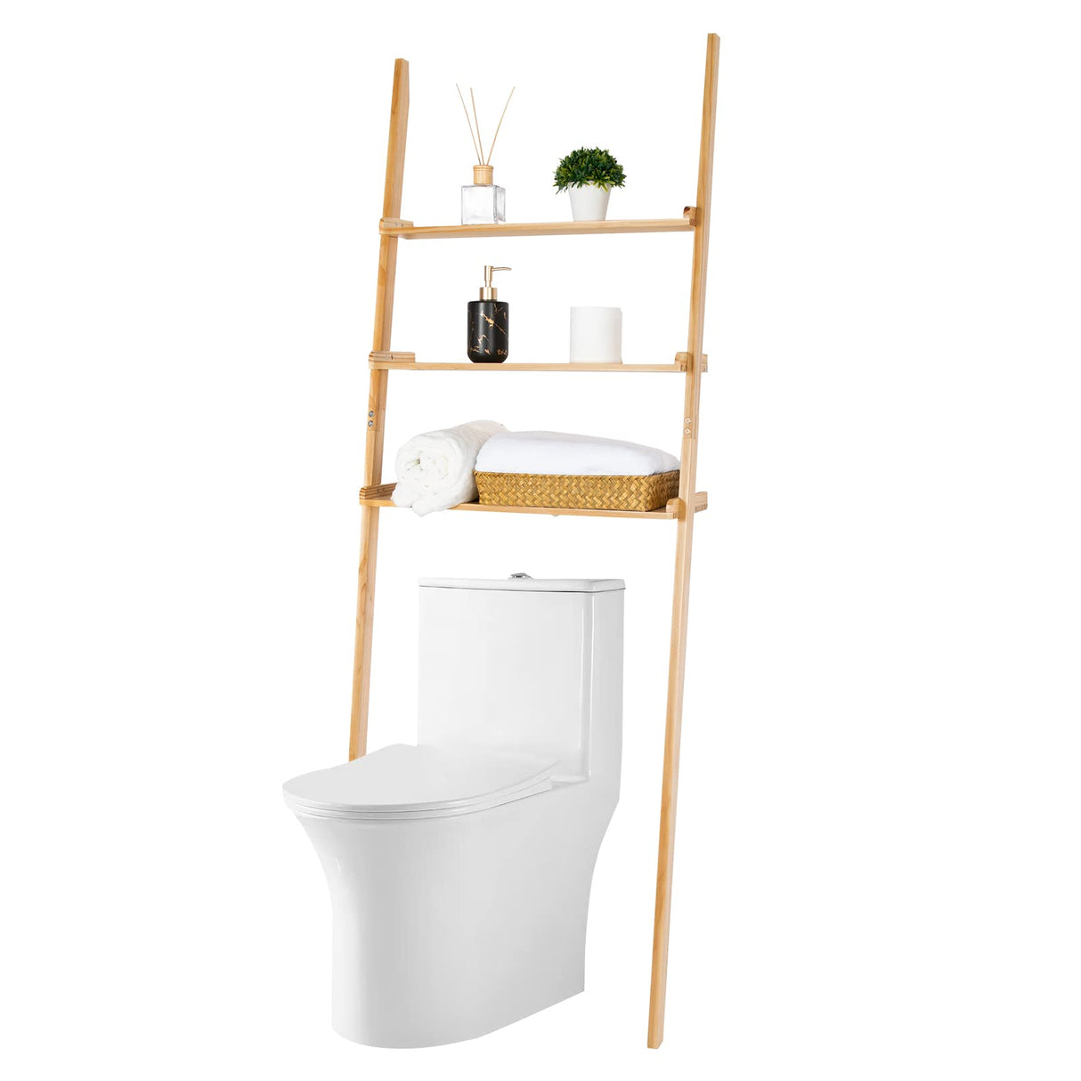 Bloddream Bathroom Organizer, 3-Tier Over The Toilet Storage Space Saver Ladder Shelf Leaning Solid Wood Storage Rack, Over-The-Toilet Storage Shelves for Bathroom, Natural Pine Wood, Adult, 67.7" Bloddream