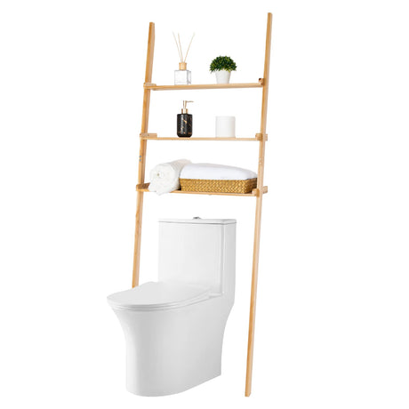 Bloddream Bathroom Organizer, 3-Tier Over The Toilet Storage Space Saver Ladder Shelf Leaning Solid Wood Storage Rack, Over-The-Toilet Storage Shelves for Bathroom, Natural Pine Wood, Adult, 67.7" Bloddream