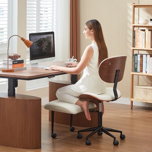 Bestier Cross Legged Office Chair with Wider Bentwood Back Support, Ergonomic Meditation Office Chair for Adults up to 300 lbs, 360° Swivel Adjustable Height for Multi Position White Bestier