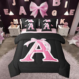 jejeloiu Kids Girls Black Pink Bow Comforter Set with Sheets Twin Size Monogrammed 7 Piece Bedding Set Personalized Initial A Bed in a Bag with Comforter,Sheets,Pillowcases Modern Fashion Bed Set jejeloiu
