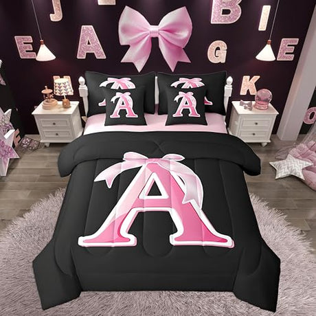 jejeloiu Kids Girls Black Pink Bow Comforter Set with Sheets Twin Size Monogrammed 7 Piece Bedding Set Personalized Initial A Bed in a Bag with Comforter,Sheets,Pillowcases Modern Fashion Bed Set jejeloiu