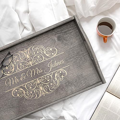 Maverton Personalized Bed Tray for Couples - Engraved Serving Tray for Wedding - Wooden Breakfast Table for Pair - Gray Tray with Foldable Legs for - WoodArtSupply