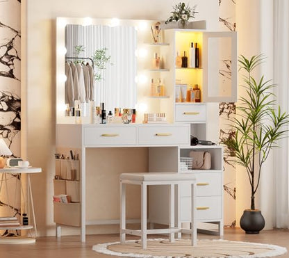 Dnxao Makeup Vanity Desk with Mirror and Lights & Charging Station, White Vanity Makeup Table Set, RGB LED Cabinet, 5 Drawers & Side Storage Bag, Vanity Mirror with Lights Desk and Chair for Bedroom