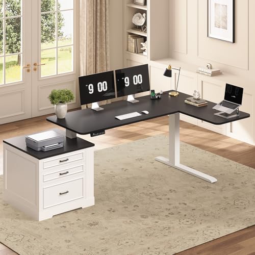 SEDETA Farmhouse L Shaped Electric Standing Desk, 70.9" x 39.4" Height Adjustable Office Executive Desk with 3 Drawers, Standing Computer Desks with Power Outlet for Home Office, White SEDETA