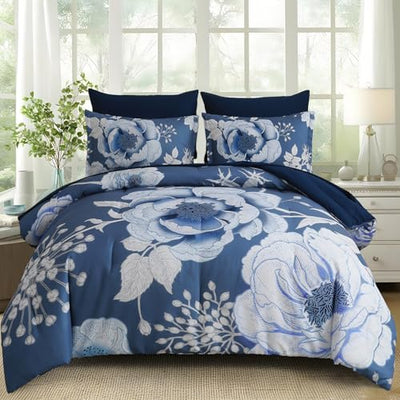 Luxudecor Floral Comforter Set Queen Size 7 Pieces Bed in a Bag,Flower Print on Blue Bedding Set,Soft Microfiber Bedding Set for All Season (Blue,90"x90")
