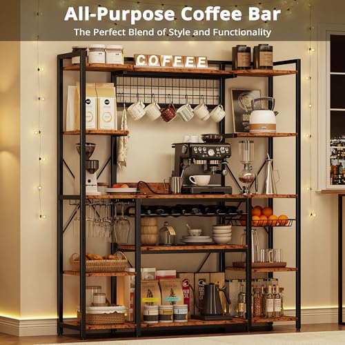 IRONCK Large Bakers Rack with Power Outlet, 62 Inch Wide Microwave Stand, Coffee Bar with Storage, Kitchen Racks and Shelves, Vintage Brown
