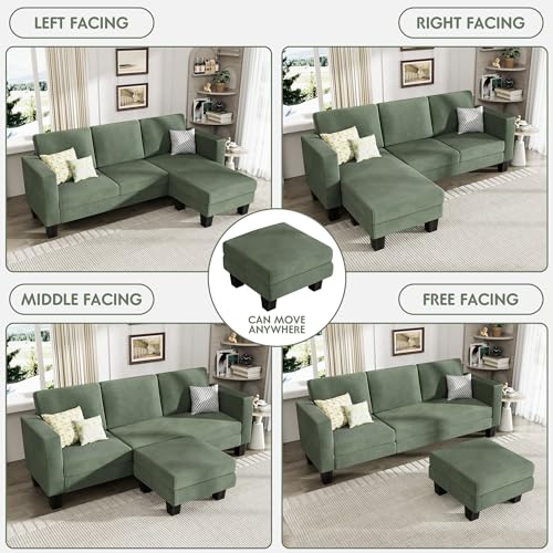 YESHOMY L-Shaped Convertible Sectional Sofa 3 Seater with Corduroy Fabric, Complete with Mobile Footrest, for Living Room, Apartment and Office, 70", Green YESHOMY