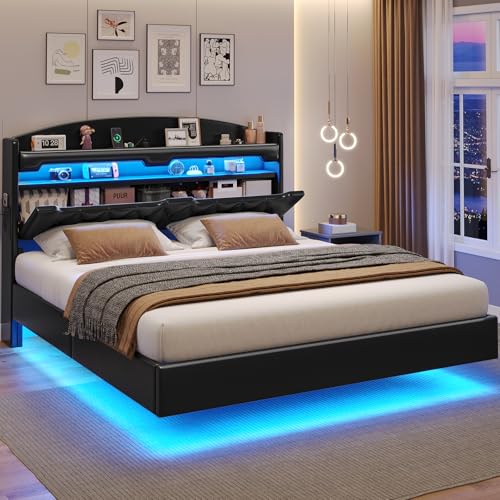 BTHFST Floating Bed Frame Queen Size with Charging Station, Headboard with Secret Storage Cubby, RGB Floating Bed, No Box Spring Needed, PU Black BTHFST