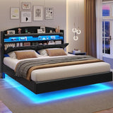 BTHFST Floating Bed Frame Queen Size with Charging Station, Headboard with Secret Storage Cubby, RGB Floating Bed, No Box Spring Needed, PU Black BTHFST