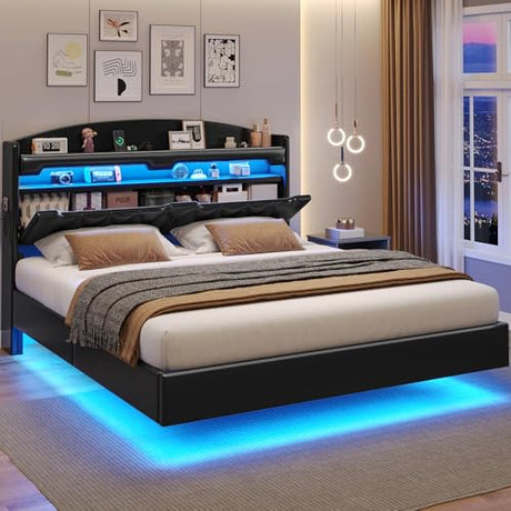 BTHFST Floating Bed Frame Queen Size with Charging Station, Headboard with Secret Storage Cubby, RGB Floating Bed, No Box Spring Needed, PU Black BTHFST
