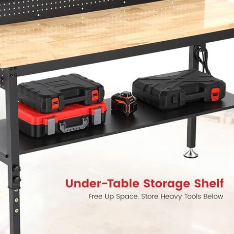 ENJOYWOOD 60'' Heavy Duty Workbench 3000 LBS Load Capacity Adjustable Height Garage Work Bench with Pegboard, Storage Shelf, Power Outlets and LED Light ENJOYWOOD