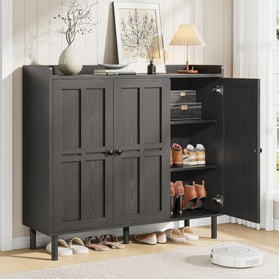 ONBRILL Shoe Cabinet with 3 Doors and Adjustable Shelves, 30 Pairs Shoe Storage Cabinet, 40 Inch Tall Farmhouse Shoe Rack Shoe Organizer Cabinet for Entryway Living Room Closet, Black