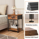 Furologee End Table with Storage Shelf and Fabric Drawer, 2 Tiers Industrial Nightstand, Bedside Table Organizer, 23.6 Inch Tall Side Table for Living Room Bedroom, Rustic Brown, Easy Assembly Furologee