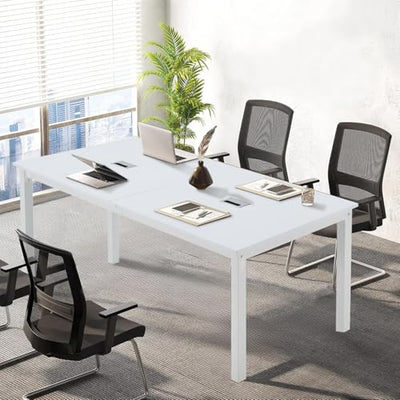 ECOTOUGE 6.5FT Conference Table, 78.7 inch Rectangle Meeting Seminar Table for 6-8 People, Modern Industrial Computer Desk with Cable Management Grommets Business Tables (Only Table), White