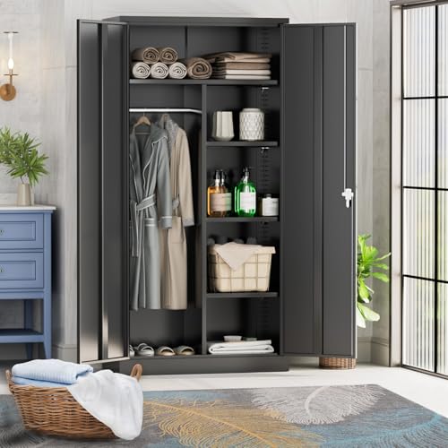 Greenvelly Metal Storage Cabinet with 2 Doors, Black 72” Steel Storage Wardrobe Cabinet, Employees Locker Closet Clothing Coat Steel Wardrobe Cabinet with Hanging Rod for Garage, Gym, Home Office Greenvelly