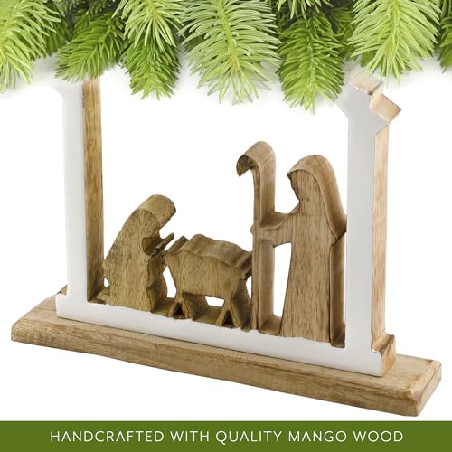 AuldHome Wood Enamel Nativity Scene, Rustic Mango Wood w/Enamel Christmas Decor Statue