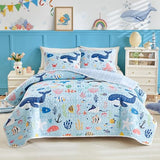 Joyreap 3 Pieces Full/Queen Size Cotton Quilt Set, World of The Sea Theme Ocean Blue Design, Cozy Lightweight Bedding Set Quilt Bedspread Bed Cover for for Kids Boys n Girls- 90x90 inches Joyreap