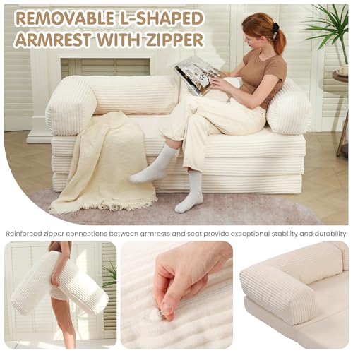 5-in-1 Convertible Sofa Bed,54" Boneless Couch Tri Folding Floor Mattress with Removable L-Shaped Armrests & Handle,Corduroy Futon Couch Sleeper with Pull Out Bed for Living Room Bedroom Apartment feliz home
