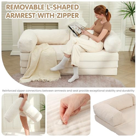 5-in-1 Convertible Sofa Bed,54" Boneless Couch Tri Folding Floor Mattress with Removable L-Shaped Armrests & Handle,Corduroy Futon Couch Sleeper with Pull Out Bed for Living Room Bedroom Apartment feliz home