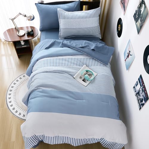 Blue Comforter Set Twin Size,Classic Striped Comforters for Boys&Girls,5 Pieces Bed in A Bag Simple Neutral-Style Bedding Sets for Kids Teen Cottolester