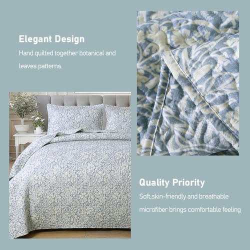 DURLENGEN Quilt Set California King Size 3Pcs,Bluish Grey Printed with Beige Leaves Pattern,Soft Microfiber Lightweight Bedspread for All Season Layering(112x104,Beige Botanical) DURLENGEN