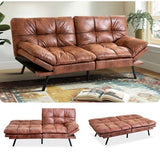 MUUEGM Convertible Memory Foam Sofa Bed with Adjustable Backrest & Armrest, Modern Futon Couch for Living Room, Office, Apartment, Space-Saving Design, Easy Assembly,Brown Leather MUUEGM