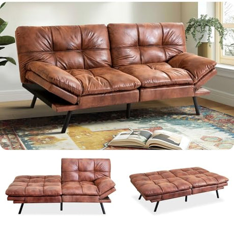 MUUEGM Convertible Memory Foam Sofa Bed with Adjustable Backrest & Armrest, Modern Futon Couch for Living Room, Office, Apartment, Space-Saving Design, Easy Assembly,Brown Leather MUUEGM