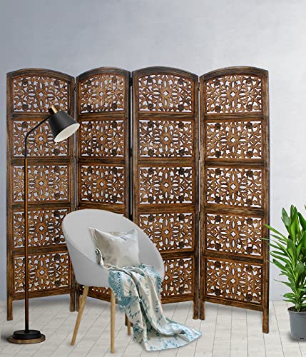 Room Divider Wood Screen - Rajasthan Antique Brown - 4 Panel Folding 72 x 80 - Intricate Hand Carved Decorative Functional Versatile Portable Partition Reversible Freestanding Privacy - COTTON CRAFT COTTON CRAFT