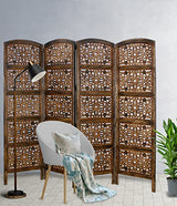 Room Divider Wood Screen - Rajasthan Antique Brown - 4 Panel Folding 72 x 80 - Intricate Hand Carved Decorative Functional Versatile Portable Partition Reversible Freestanding Privacy - COTTON CRAFT COTTON CRAFT